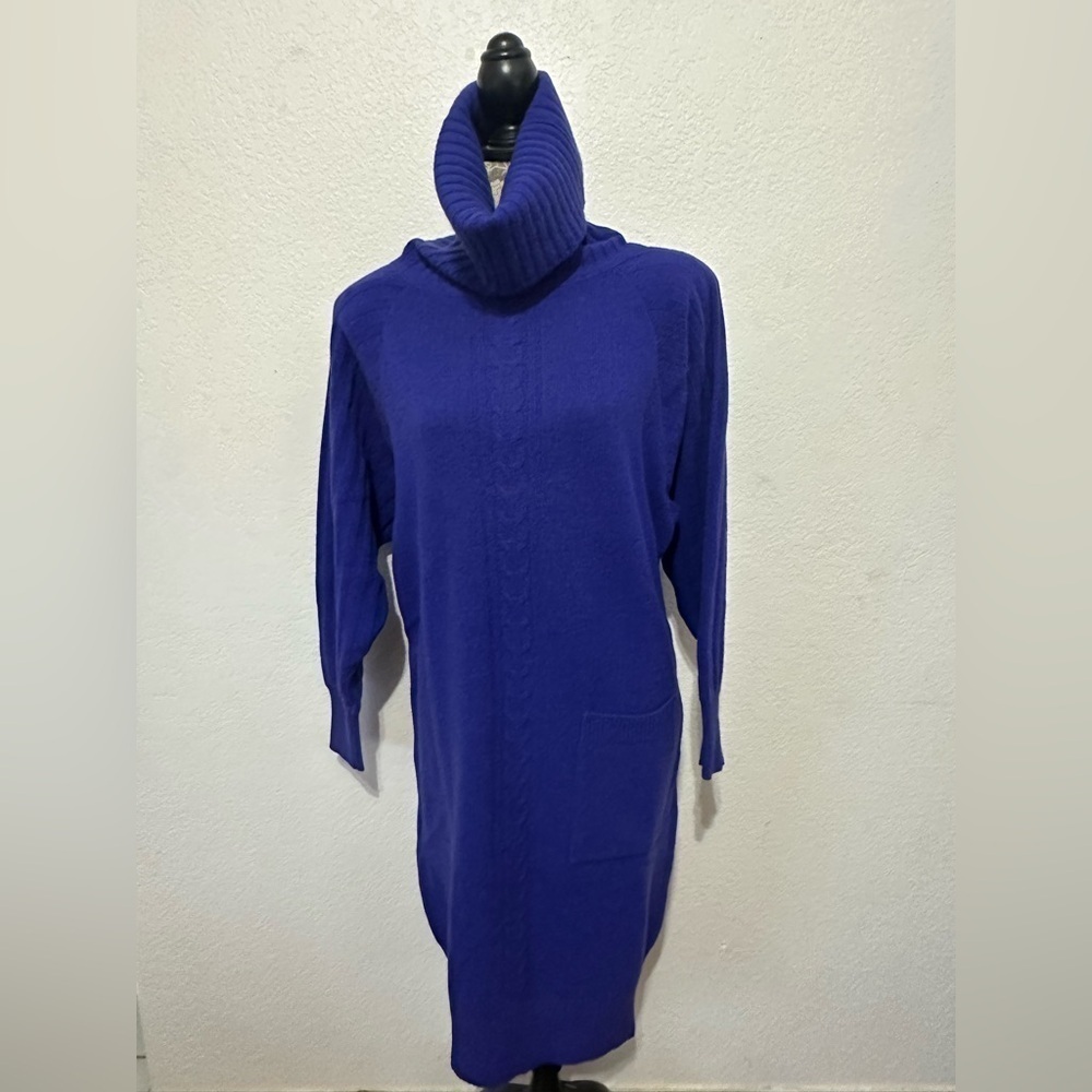 Vintage Wool and Angora Blend Cable Knit Turtleneck Dress in Blue- Size Small